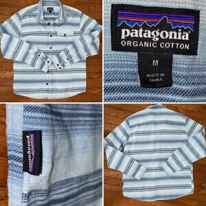 Patagonia $89 Fjord Organic Cotton Flannel Blue Stripe Mens MED EUC